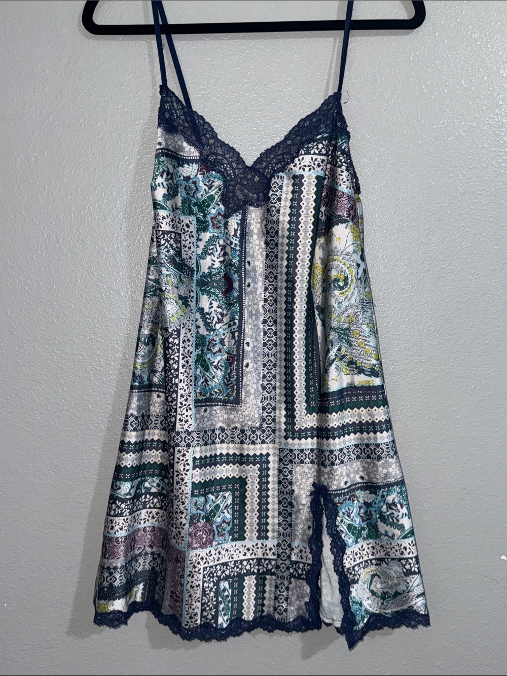 Victoria's Secret Navy, Teal and Cream Printed Slip with Lace